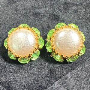 Vtg: OVERSIZED Faux Pearl Lime Green Glass Rhinestone Button Earrings